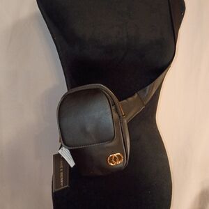 Chic Black Leather Belt Bag with Gold Detail